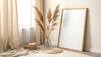 Large Frame Resting on Cream Wall with Dried Grass and Soft Fabric Details