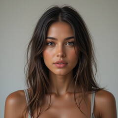 A woman with a tan complexion and a well-defined jawline