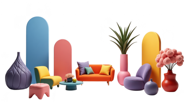 Colorful modern furniture arrangement against vibrant backdrops.