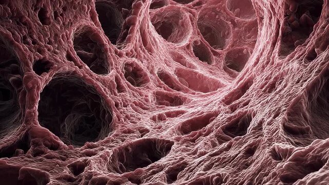 Crosssectional footage of fibrotic lung tissue texture emphasizing thickened alveolar walls and reduced elasticity in chronic pulmonary fibrosis.
