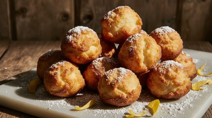 Zeppole Italian fried dough pastries with sugar coating and rustic presentation