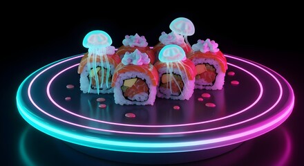 
Sweet sushi roll with glowing jellyfish-inspired toppings on a rotating neon platter