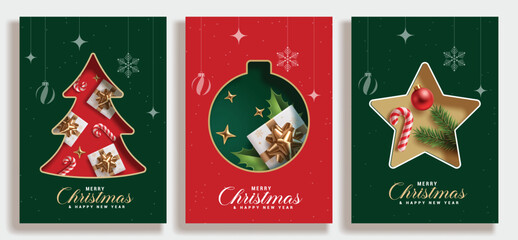 Merry Christmas greeting card poster clipart set. Christmas card wishes template clip art with pine tree, xmas balls and star shape in paper cut style collection in green and red background vector 
