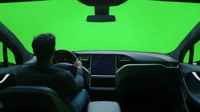 a driver in steering a car with a futuristic interior against a green screen background, featuring a prominent on the steering wheel and a digital dashboard displaying 