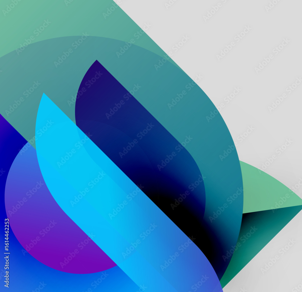 Poster abstract composition. overlapping shapes create dynamic visual flow. cool colors dominate, suggestin
