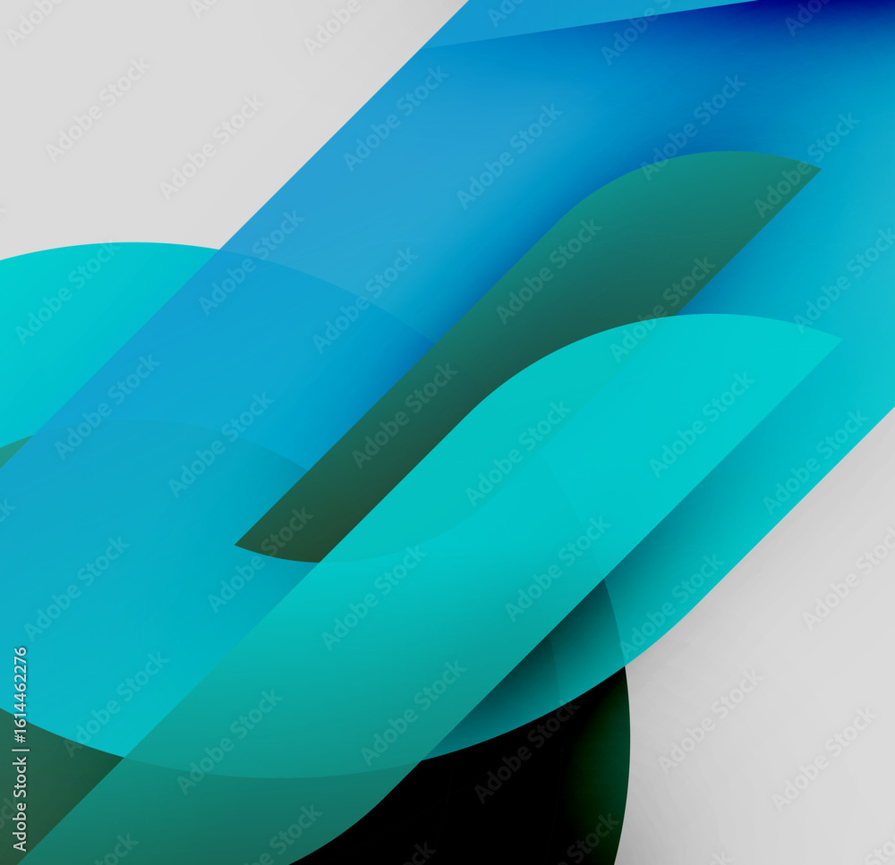 Poster abstract composition. overlapping blue, teal shapes create dynamic flow. soft gradients suggest dept