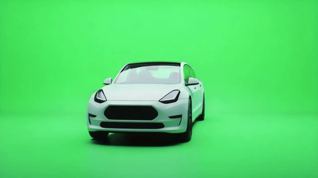 Featuring a white electric SUV positioned against a green screen background, The car is stationary at first, then slowly rotates 360 degrees to showcase