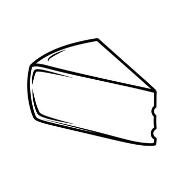 Illustration of a cheese wedge with outline showing a triangular shape and curved edges on a plain field