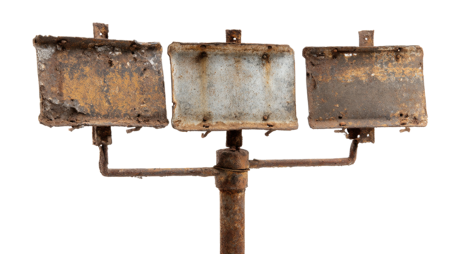 Three rusty metal plates are mounted on a corroded pole.