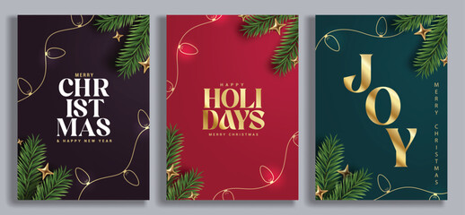 Merry Christmas greeting card poster clipart set. Christmas holiday and happy new year greeting wishes template clip art in elegant background for seasonal card collection vector illustration. 
