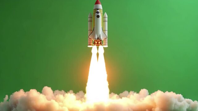 Rocket launching against a green screen background, with a red nose cone and white body, begins its ascent with bright flames and thick smoke billowing