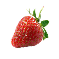 Single, ripe strawberry, vibrant red, small green leaves, stem