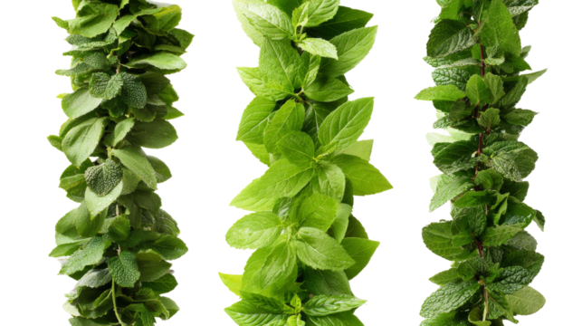 Three mint plants display vertical arrangement with transparent background.