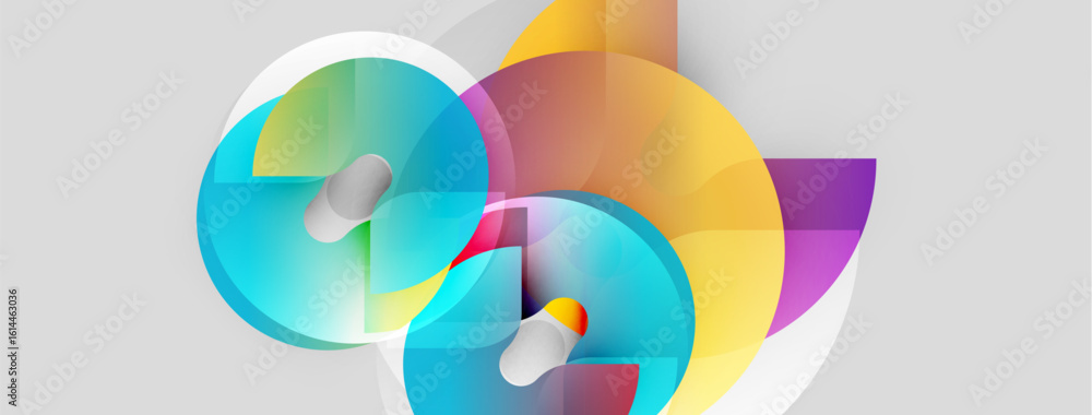 Poster abstract colorful shapes overlap, creating dynamic composition. circles, rectangles blend, forming m