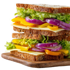 Stacked sandwich with cheese, vegetables, and lettuce on a wooden board