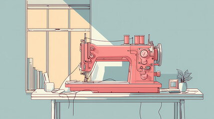 Sewing machine with thread stretched between two distant windows