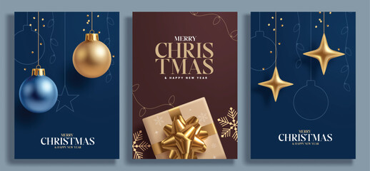 Merry Christmas greeting card poster clipart set. Christmas wishes and greeting clip art with hanging balls, stars and gift box decoration elements in elegant invitation card collection vector 