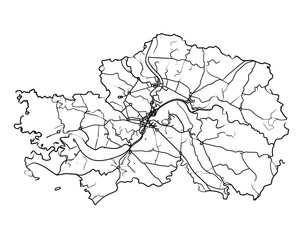 Black and white map of a city with intricate road network