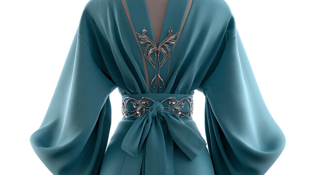 Teal kimono dress features a silver filigree belt and embellishment. - Powered by Adobe