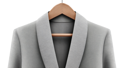 Suit jacket is hanging on a wooden hanger isolated.