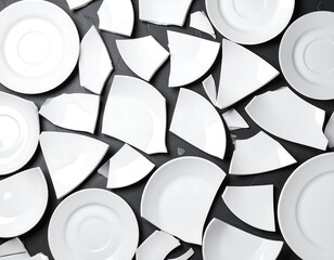 Broken white plates on a dark surface