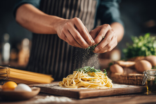 Chef garnishing freshly cooked pasta with herbs in rustic kitchen