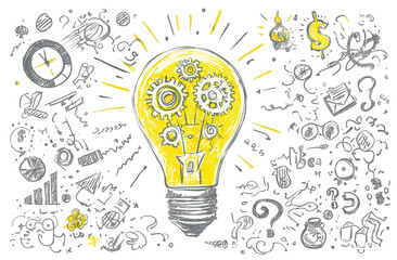 Lightbulb with gears amidst doodles