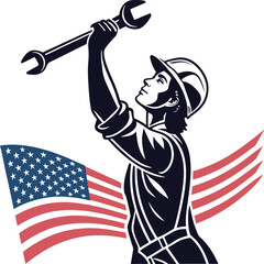 female worker holding wrench with american flag