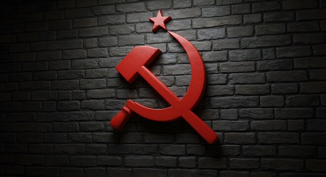 Red Hammer and Sickle on Brick Wall - Communism Symbol
