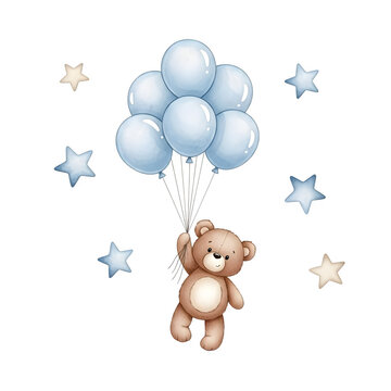 Naklejki Adorable teddy bear soaring through the sky holding a bunch of light blue balloons surrounded by charming stars for baby shower invitations or nursery decor