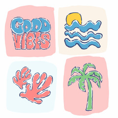 Sea Breeze Mood. Summer vibes artwork. Beach wave abstract print design for apparel, stickers, posters, background and others. Wave, sun, and palm tree artwork. Beach modern abstract art.
