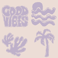 Tropical beach wave and palm design. Beach wave abstract print design for apparel, stickers, posters, background and others. Summer vibes artwork. Beach modern abstract art.