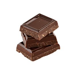stack of dark chocolate squares on white background.
