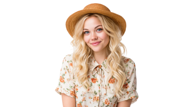 Smiling blonde woman wears floral blouse and straw hat on transparent background