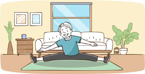 Senior man stretching fitness routine elderly people workout flexibility training physical therapy aging relaxation stress relief mental health retirement lifestyle mature adult fitness program