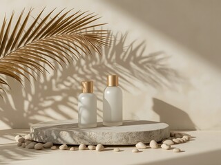 Two white bottles with gold lids on a stone pedestal palm leaf shadow Cosmetics