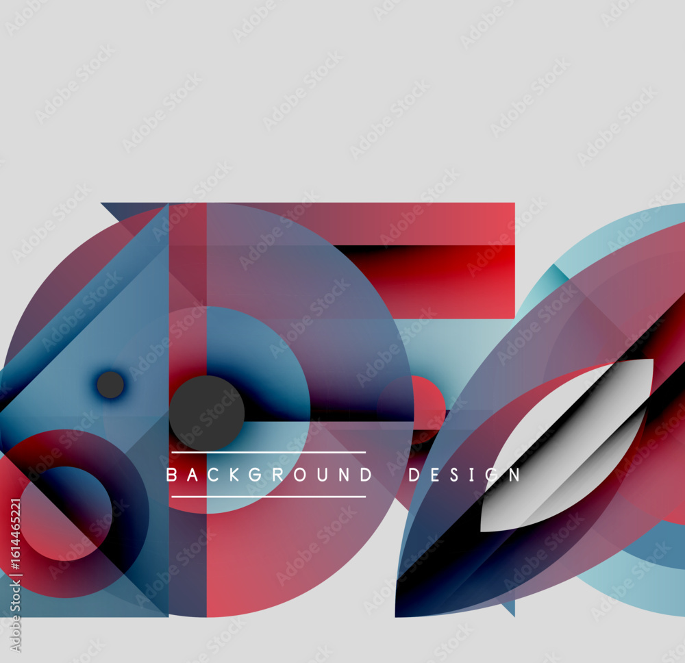 Poster abstract geometric shapes overlap. blue, red, gray tones create dynamic composition. modern design e