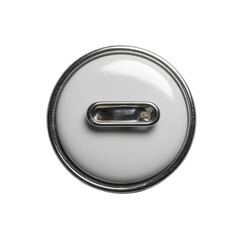 Close-up of a white button with a silver ring and a metallic slot