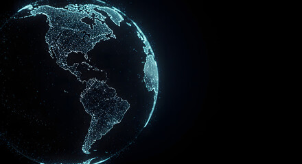 A digital representation of Earth illuminated with blue