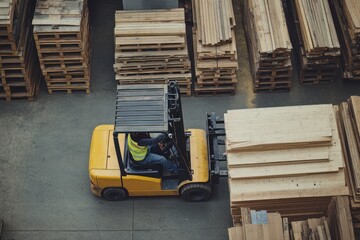 A worker using a forklift to move heavy construction materials in a building supply warehouse, efficiency and precision, clean and professional composition, copy space, stock photography