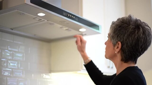 Woman points to a range hood with lights in a kitchen, showcasing subway tile backsplash