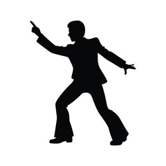 A retro disco dancer silhouette isolated on white background strikes a pose, pointing and dancing in a stylish suit, embodying the groovy fashion and music of the 70s