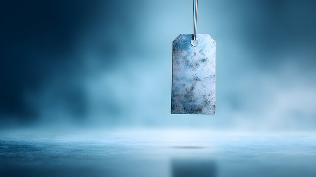 Vintage paper tag floating in blue space with abstract texture, minimalist design concept.
