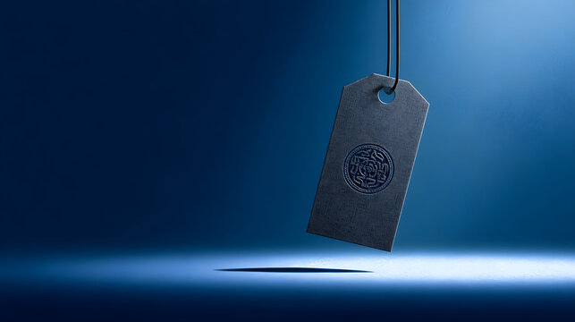 Vintage paper tag floating in blue space with abstract texture, minimalist design concept.