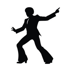 A retro disco dancer silhouette isolated on white background strikes a pose, pointing and dancing in a stylish suit, embodying the groovy fashion and music of the 70s