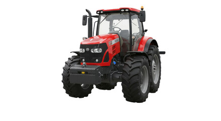 Obraz premium Red tractor parked in a field with blue sky and distant hills, showcasing rural life