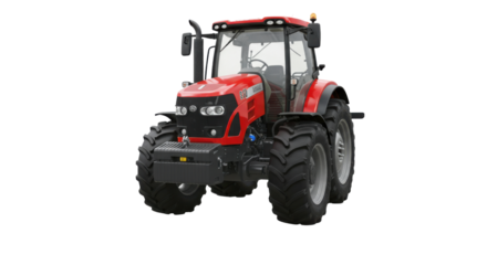 Red tractor parked in a field with blue sky and distant hills, showcasing rural life