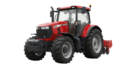 Obraz premium Red agricultural tractor working in a field, with farmland and blue sky in the background
