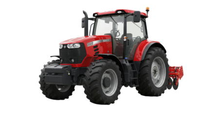 Red agricultural tractor working in a field, with farmland and blue sky in the background