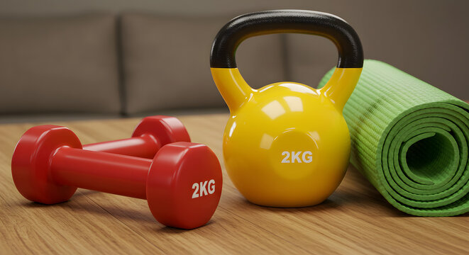 Workout Equipment: Dumbbells, Kettlebell, and Yoga Mat